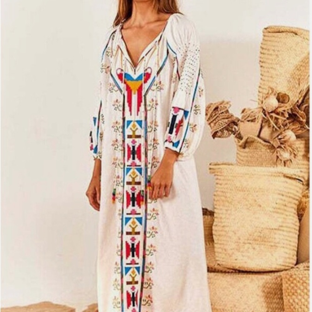 Farm Rio Macaw Embroidered Cross Stitch Maxi Dress Size